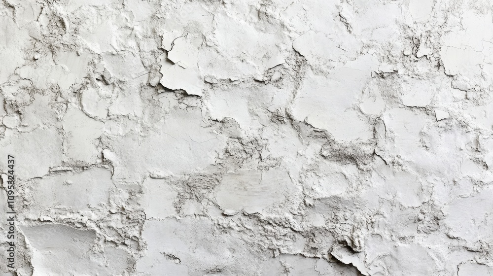 Obraz premium Close-up of weathered white wall with textured cracked surface, showcasing a rustic and aged appearance.