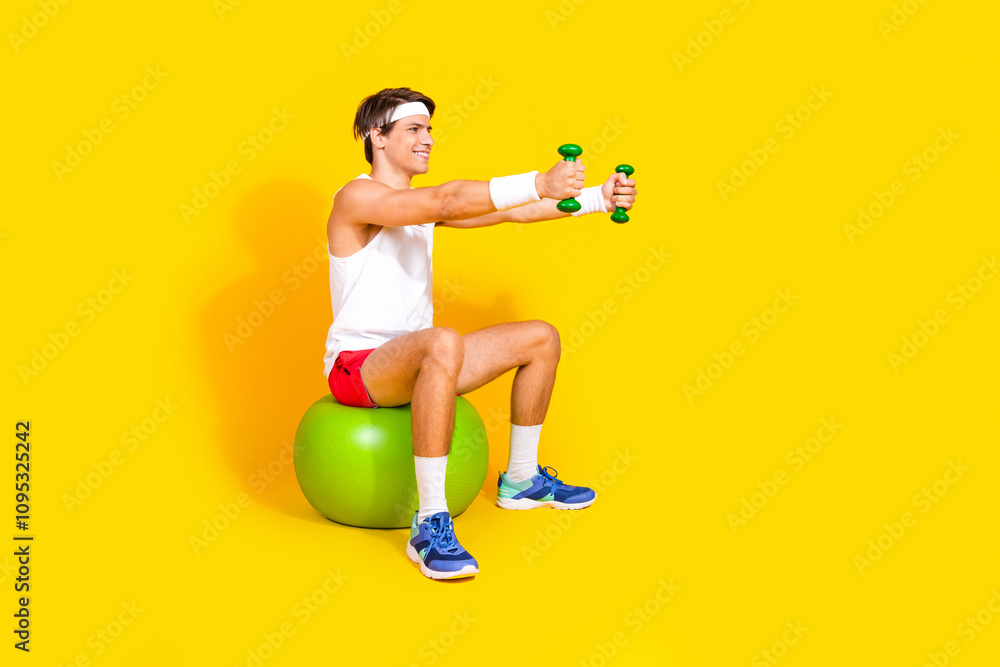Young man in activewear exercising with dumbbells on fitness ball against yellow background Young man in activewear exercising with dumbbells on fitness ball against yellow background