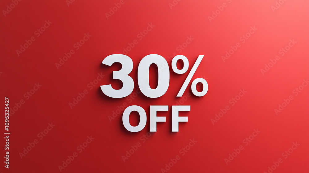 3D text displaying '30% OFF' in bold white letters on a solid red background. Minimalist promotional design with copy space for advertising. Suitable for banners, posters, and headers. 3D text displaying '30% OFF' in bold white letters on a solid red background. Minimalist promotional design with copy space for advertising. Suitable for banners, posters, and headers.