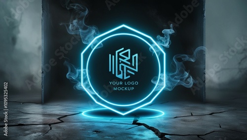 Geometric circle in neon blue against a dark backdrop. rounded, ethereal portal. Your logo mockup. futuristic smoke. abstract picture of a concrete floor in a dark environment. photo