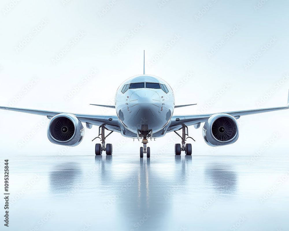 Fototapeta premium Front View of Modern Commercial Airplane on Runway Against Clear Sky