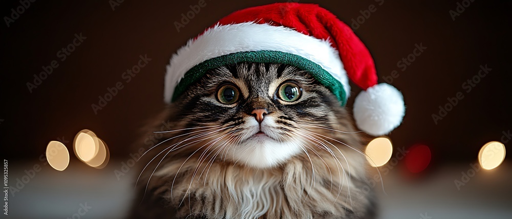 Fototapeta premium Happy black cat bouncing while wearing a green Santa hat against a plain backdrop 