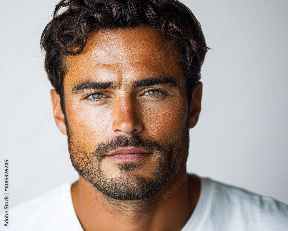 Obraz premium Portrait of a Confident Man with Dark Hair and Beard in Casual White Shirt