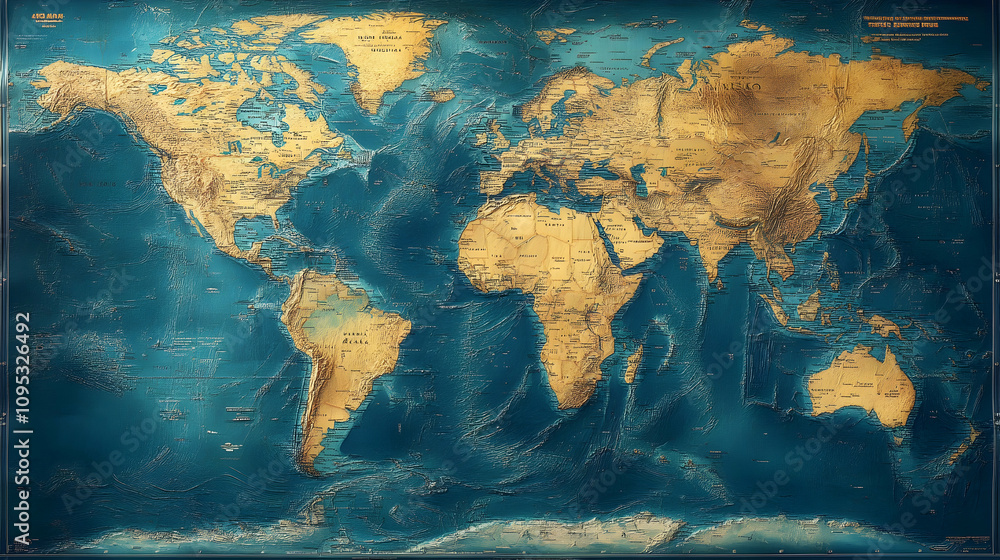 World map depicting geographical features and country outlines with copy space for text World map depicting geographical features and country outlines with copy space for text