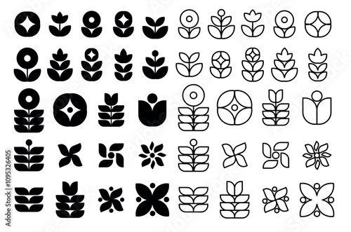 Mid-century Modern Botanical Icons. Graphic Flower and Leaves Icons