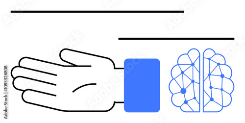 Outstretched hand and half brain connected with lines symbolize thought, collaboration, and communication. Ideal for teamwork, innovation, neurotechnology, partnership, mental health, brainstorming