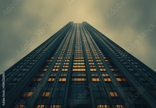 Wallpaper Mural Dramatic Low Angle View of a Tall Skyscraper Reaching Into Overcast Sky with Illuminated Windows Amidst Dark Clouds and Urban Cityscape Torontodigital.ca