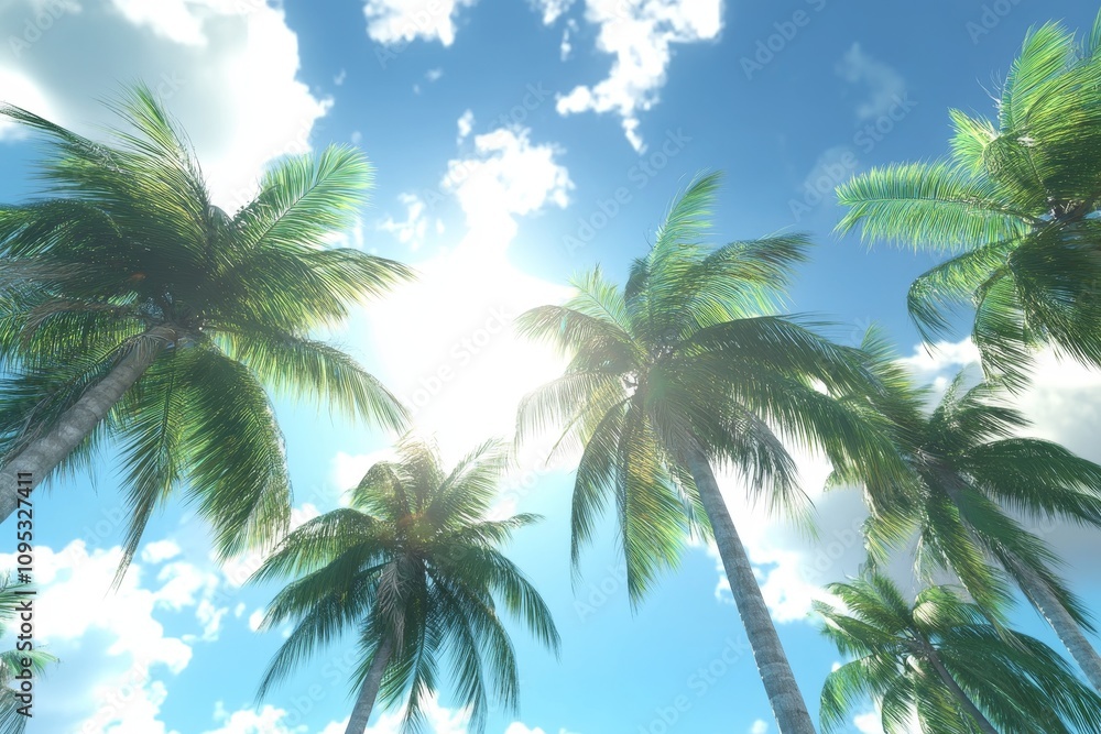 Sunny Day Paradise: Palm Trees Swaying in Tropical Breeze - Bright sunny day, palm trees swaying, tropical paradise, summer vacation, tranquil escape. Sunny Day Paradise: Palm Trees Swaying in Tropical Breeze - Bright sunny day, palm trees swaying, tropical paradise, summer vacation, tranquil escape.