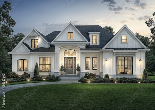 Elegant Modern White House Surrounded by Lush Greenery and Landscaping at Dusk with Warm Lights Illuminating the Front Entrance and Windows