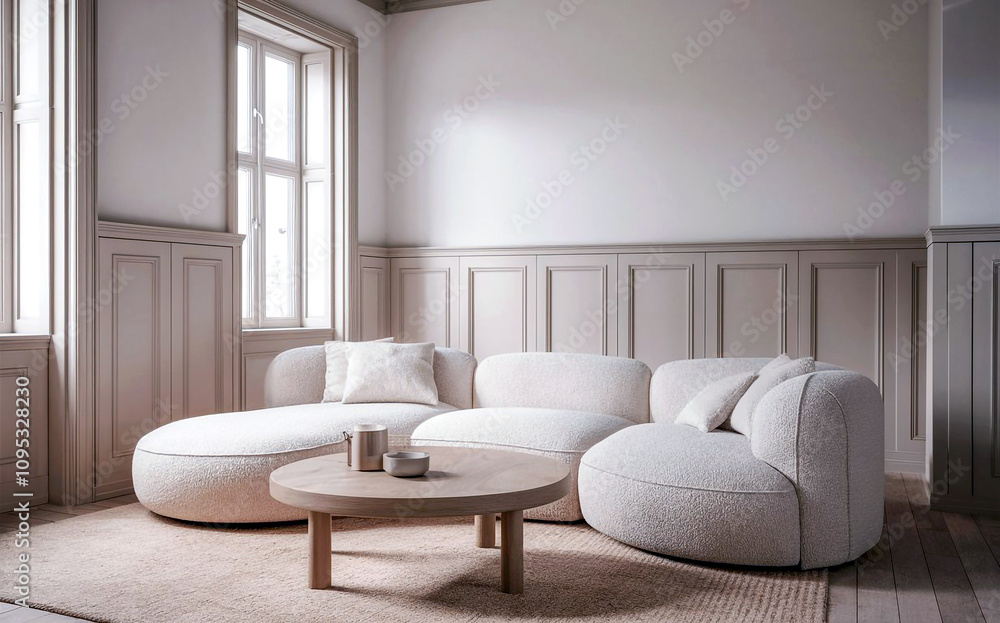 A modern minimalist living room with a gray sofa and natural wood flooring that creates a warm atmosphere. A modern minimalist living room with a gray sofa and natural wood flooring that creates a warm atmosphere.