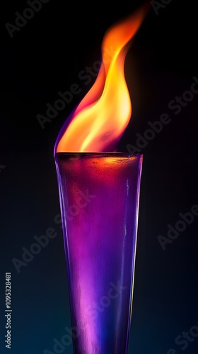 A purple flame with red and orange hues on the top of an Olympic torch