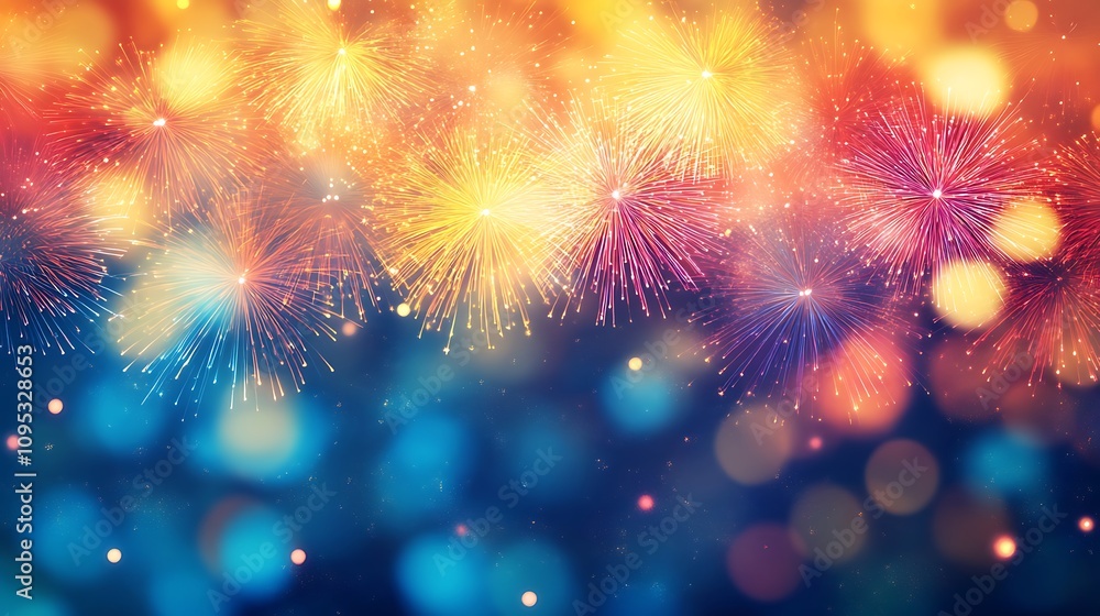 Vibrant Fireworks Display Against Dark Blue Sky Vibrant Fireworks Display Against Dark Blue Sky
