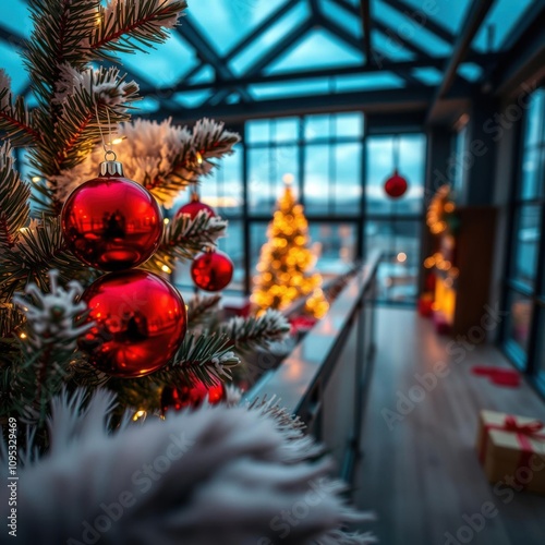 Christmas decorations, red ornaments, pine branches, indoor atrium, glass ceiling, geometric patterns, blurred background, festive atmosphere, warm glow, holiday lights, depth of field, modern archite photo