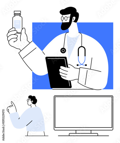 Healthcare professional holds medicine bottle, stethoscope around neck, and tablet. Patient listens and points at monitor. Ideal for medical presentations, healthcare, education, telemedicine