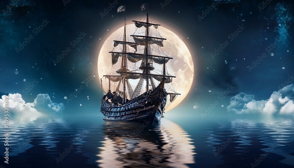 Fototapeta premium 칠흙같은 바다 위를 항해하는 해적선