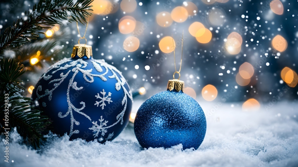 Dark royal blue with warm bokeh lights, sparkling silver snow and Christmas magic Dark royal blue with warm bokeh lights, sparkling silver snow and Christmas magic