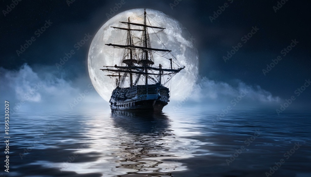Fototapeta premium 칠흙같은 바다 위를 항해하는 해적선