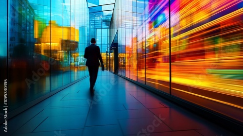 Businessman walking through modern glass corridor with vibrant city reflections.