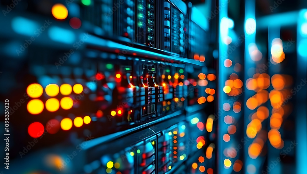 Modern Rack LED console in server room data center. Generative AI. Modern Rack LED console in server room data center. Generative AI.