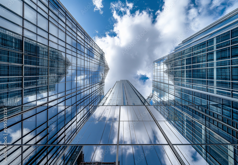 Skyscrapers in London's financial district reflect the blue sky and white clouds Skyscrapers in London's financial district reflect the blue sky and white clouds