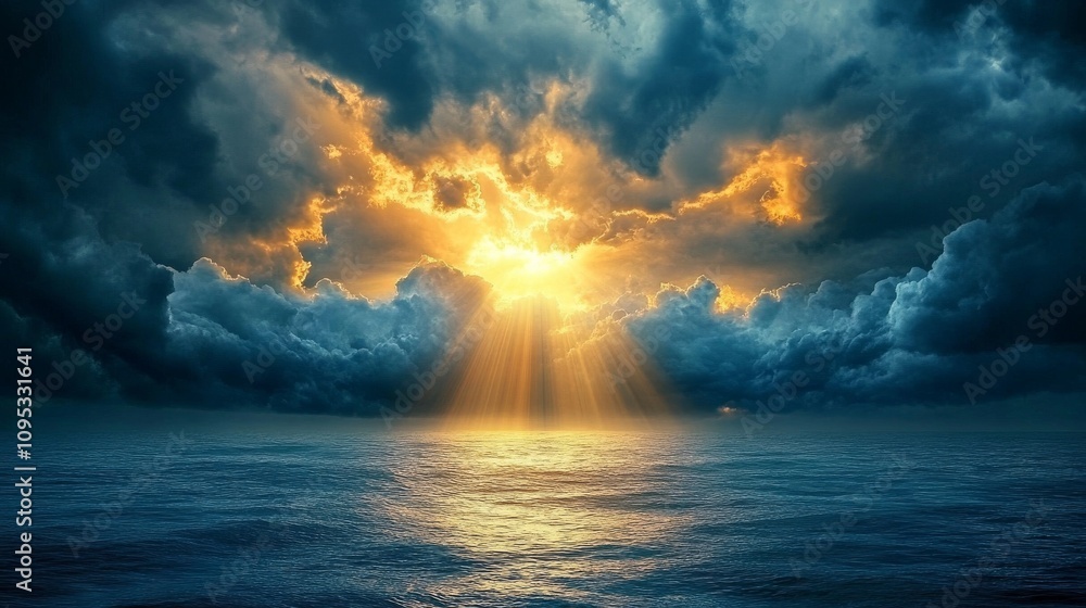 Golden Sunset Rays Breaking Through Dark Clouds Over Ocean Golden Sunset Rays Breaking Through Dark Clouds Over Ocean