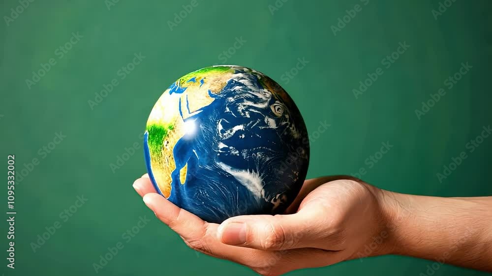 Person is holding a globe in their hand. The globe is blue and white, and it is surrounded by a green background. Concept of wonder and curiosity about the world, as well as a desire to explore Person is holding a globe in their hand. The globe is blue and white, and it is surrounded by a green background. Concept of wonder and curiosity about the world, as well as a desire to explore
