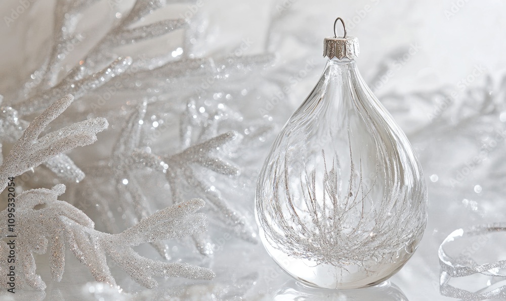 A glass ornament with a silver stem is sitting on a white surface A glass ornament with a silver stem is sitting on a white surface