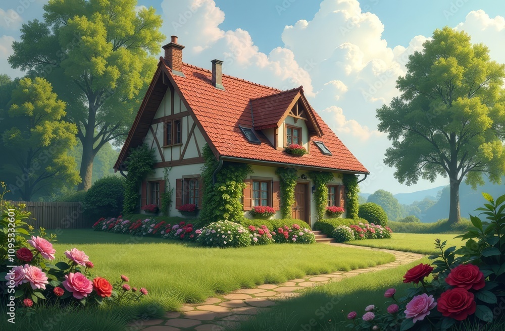 A charming house nestled in a vibrant garden, surrounded by lush trees and blooming flowers under a bright sky. A stone pathway leads to the inviting entrance, exuding tranquility and warmth. A charming house nestled in a vibrant garden, surrounded by lush trees and blooming flowers under a bright sky. A stone pathway leads to the inviting entrance, exuding tranquility and warmth.