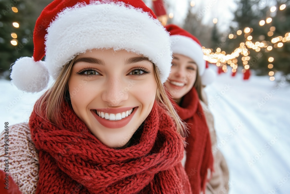 Friends celebrate the holidays outdoors in snow with Santa hats and festive scarves Friends celebrate the holidays outdoors in snow with Santa hats and festive scarves