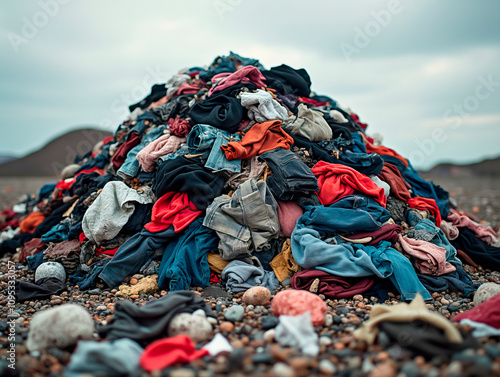 Pile of discarded clothing in a landfill symbolizing the waste and environmental impact of fast fashion photo