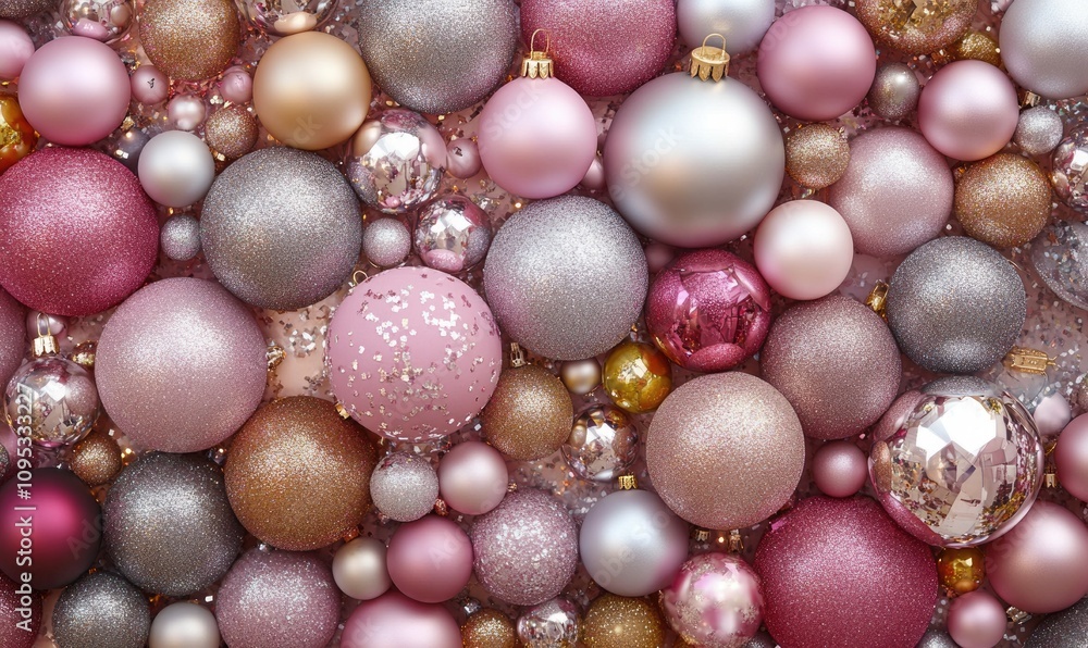 A bunch of pink and gold ornaments A bunch of pink and gold ornaments