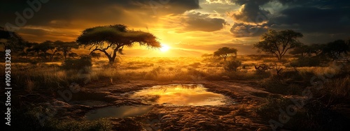 The African savanna at sunset, the sky is dark and yellowish with some clouds. 