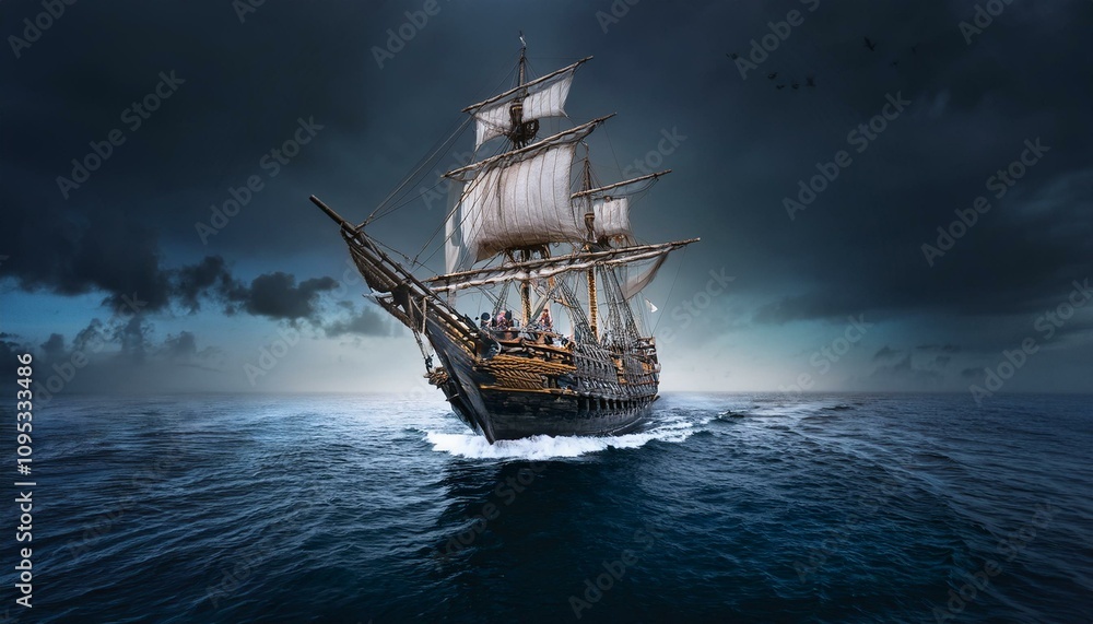 Fototapeta premium 칠흙같은 바다 위를 항해하는 해적선