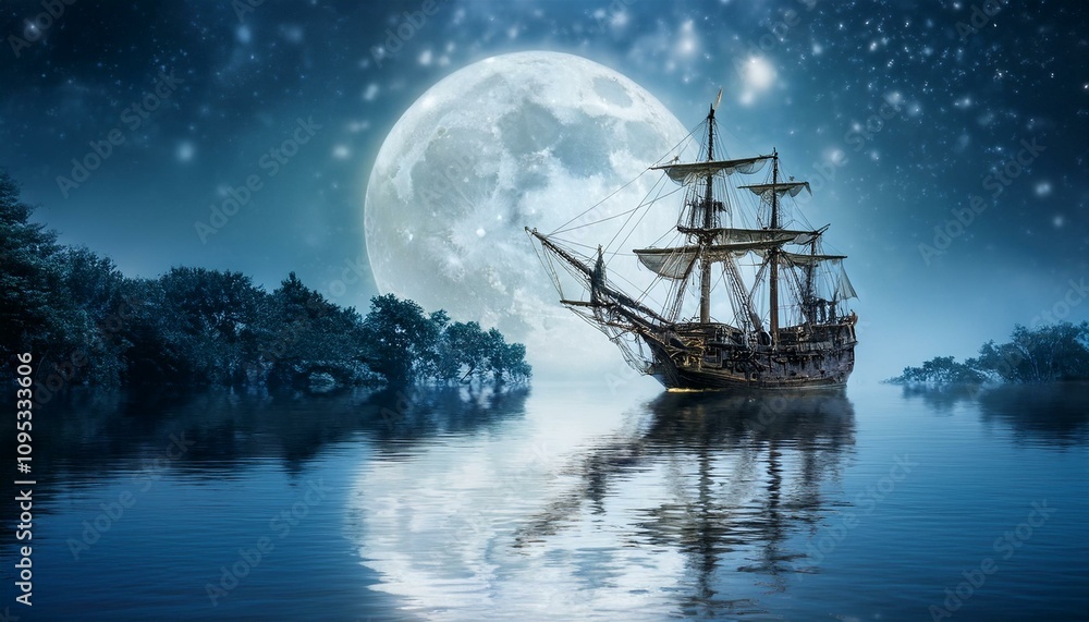 Fototapeta premium 칠흙같은 바다 위를 항해하는 해적선