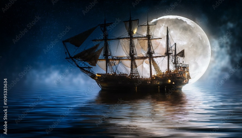 Fototapeta premium 칠흙같은 바다 위를 항해하는 해적선