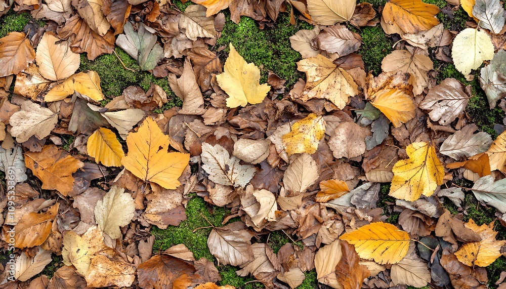 A carpet of autumn leaves in various colors on a mossy ground. A carpet of autumn leaves in various colors on a mossy ground.