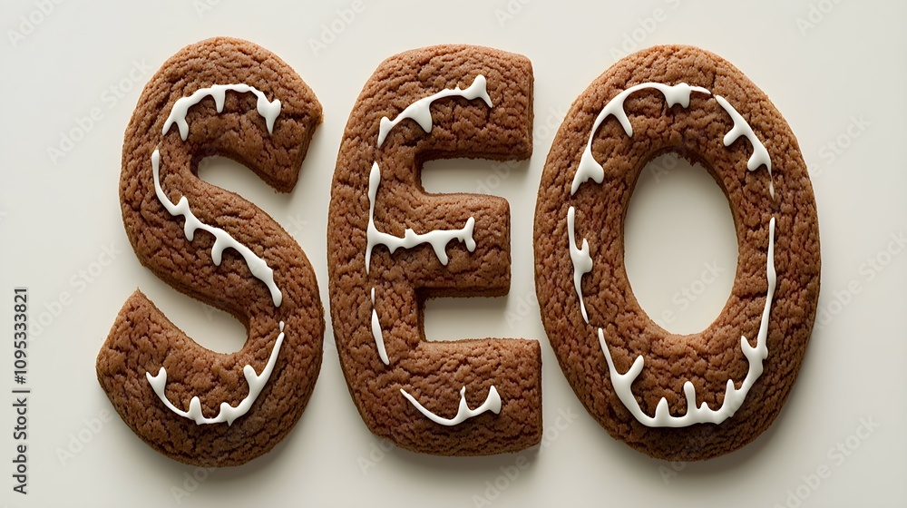 the inscription seo made of cookies on a white background with brown background.