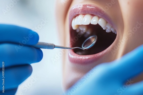 A close-up view of a dental examination. The dentist probes the mouth with precision. Oral health is important for overall well-being. Generative AI