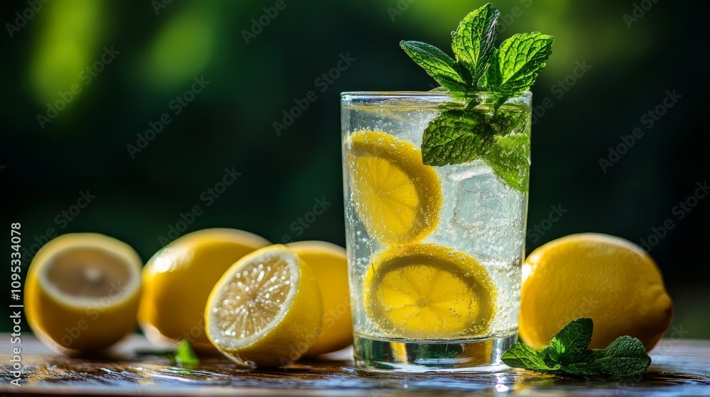 Fototapeta premium Refreshing Iced Lemon-Mint Beverage in a Glass