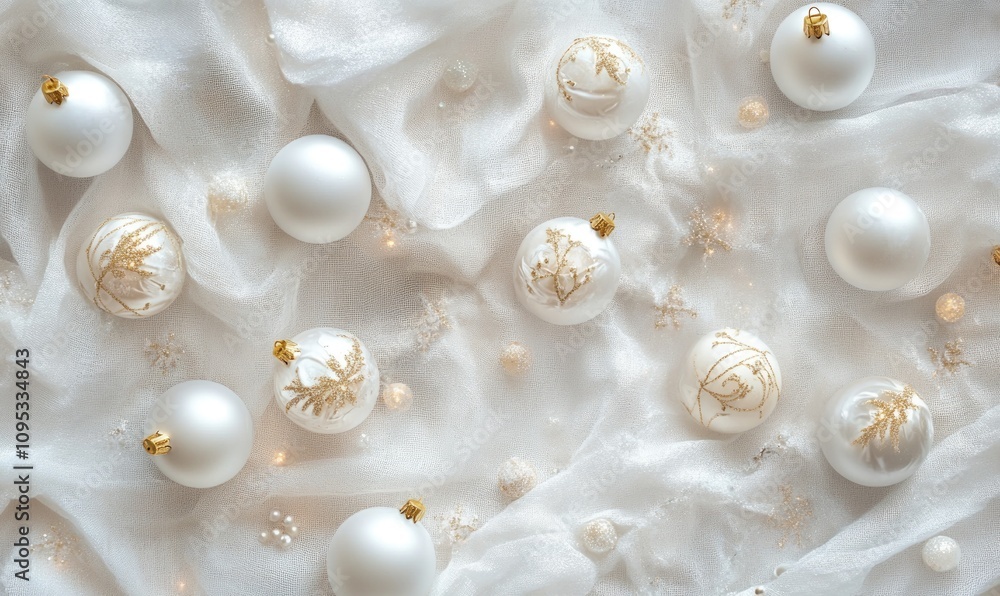 A white cloth with many white and gold balls on it A white cloth with many white and gold balls on it