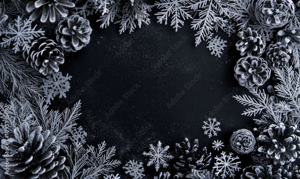 A black background with snowflakes and pine cones A black background with snowflakes and pine cones