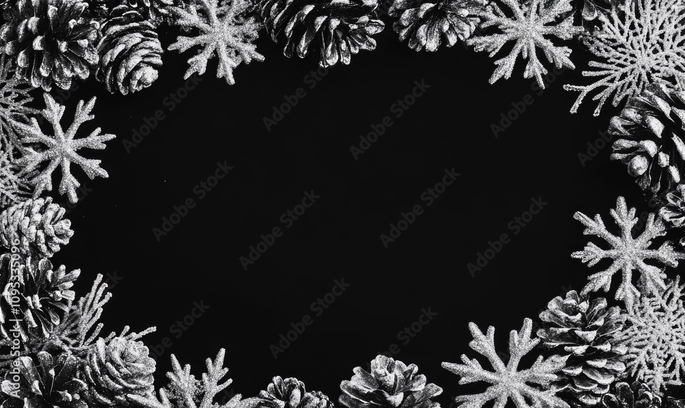 A black background with a frame of pine cones and snowflakes A black background with a frame of pine cones and snowflakes