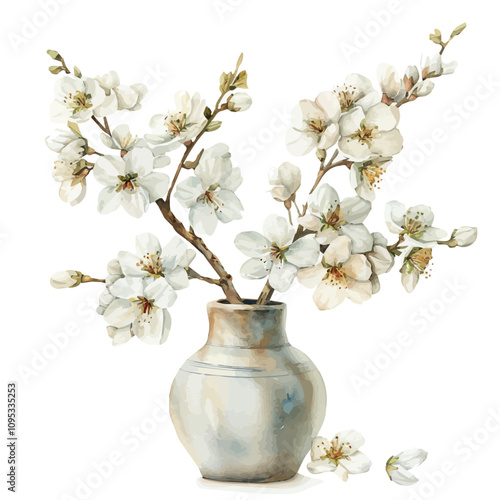 A watercolor vector of Almond blossoms in a vase, isolated on a white background. Almond Blossom's vector.