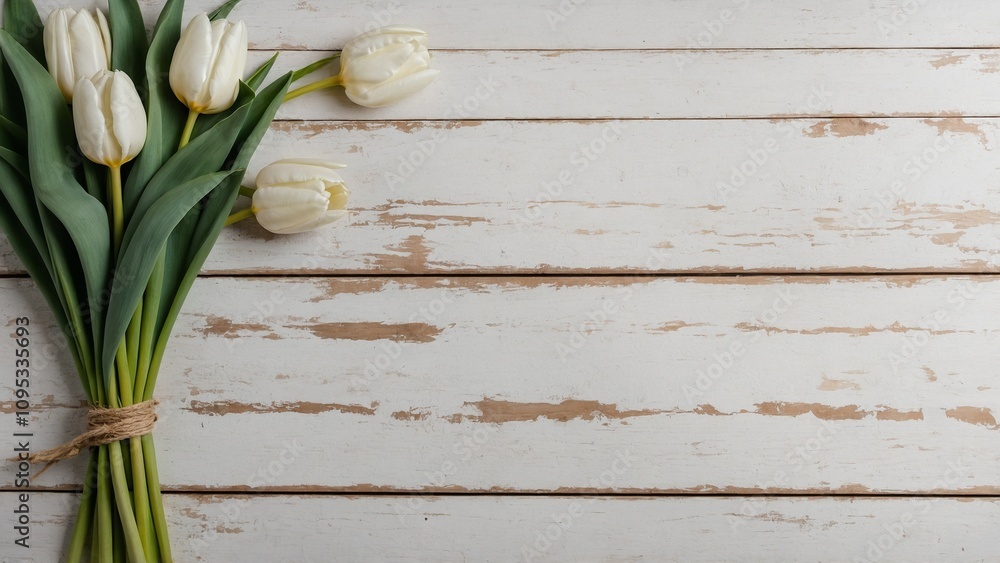 Naklejka premium Rustic white wash painted old wood boards with twine tied bouquet of white tulip flowers flat lay mockup background