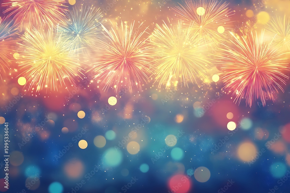 Fototapeta premium Vibrant Fireworks Display Against Dark Blue Sky 