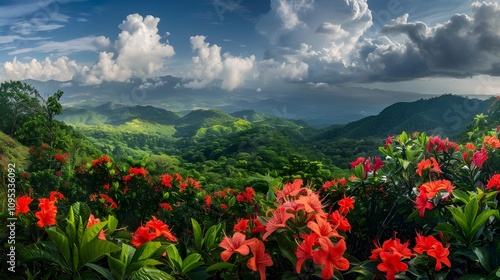 A panoramic view capturing the beauty of Puerto Rican hibiscus, amapola (Thespesia grandiflora), in full bloom amidst the tropical rainforest of El Yunque National Forest, Puerto Rico.