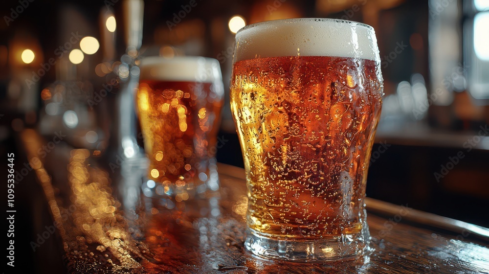 A glass of light beer and a snifter of dark beer are sharply focused, set against the blurred ambiance of a cozy pub. A glass of light beer and a snifter of dark beer are sharply focused, set against the blurred ambiance of a cozy pub.