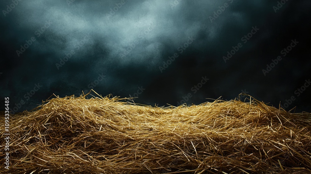 A textured mound of hay under a dramatic, cloudy sky, evoking a rustic atmosphere. A textured mound of hay under a dramatic, cloudy sky, evoking a rustic atmosphere.