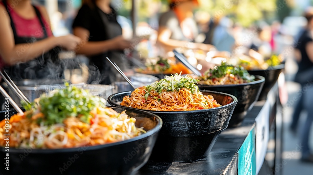 Steaming bowls of noodles and Asian cuisine at a bustling food market.