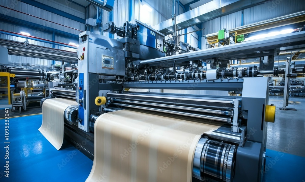 Industrial machine processing large beige roll. Industrial machine processing large beige roll.